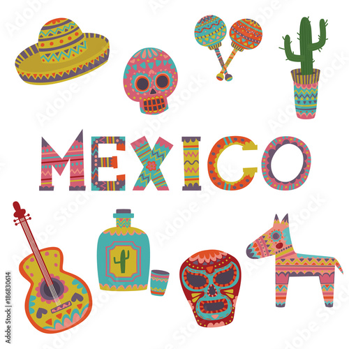 Mexico set, symbols of Mexican culture cartoon vector Illustrations