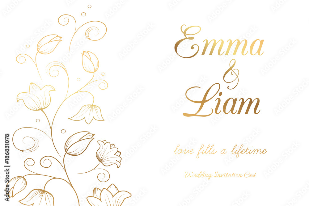Wedding invitation card template. Tulip lily bell flowers. Gold on white background. Vector illustration.