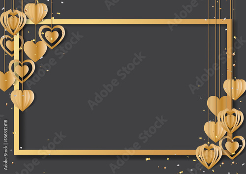 Happy valentine's day greeting card with golden frame and hearts hanging on black background.Vector illustration.