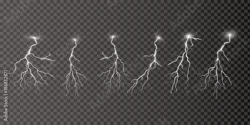 Set of lightnings. Thunder-storm and lightnings. Magic and bright lighting effects.