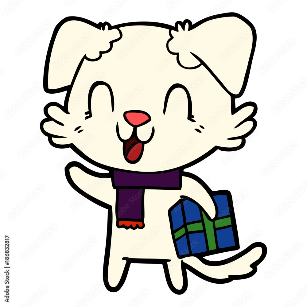 laughing cartoon dog with christmas present