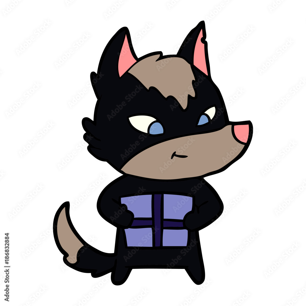 friendly cartoon wolf with gift friendly cartoon wolf with gift