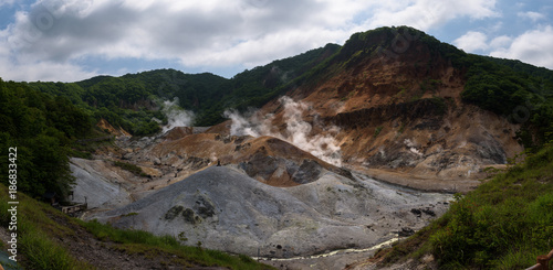 Smoke vents escaping from the earth’s surface in Hell Valley (Jigokudani), Noboribetsu, Hokkaido, Japan
