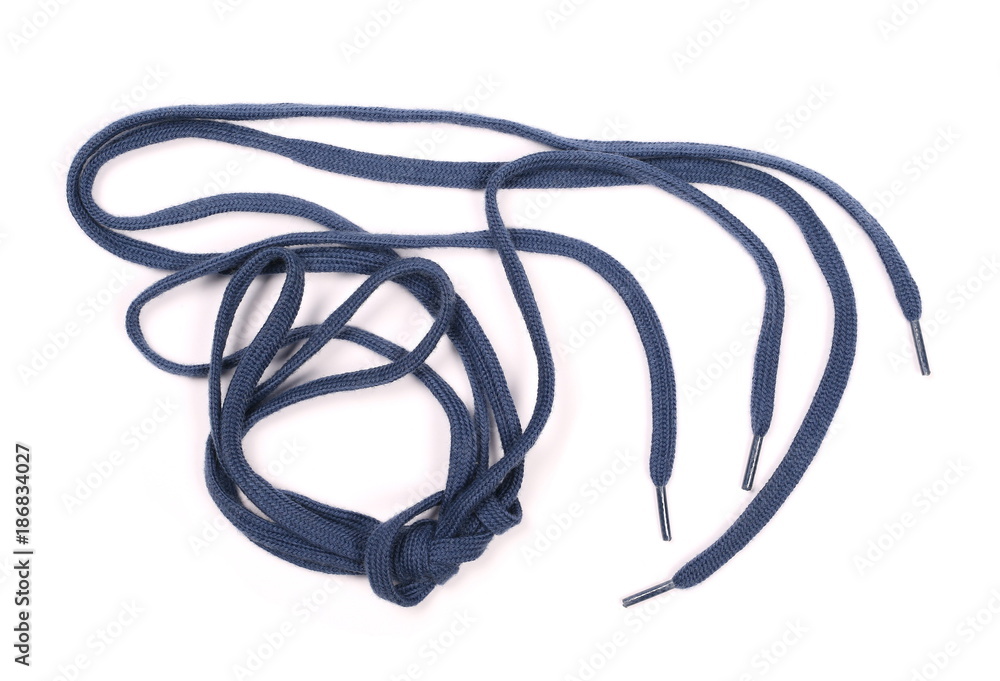 Blue shoelaces isolated on white background, top view Blue shoelaces isolated on white background, top view