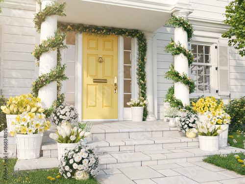 spring decorated porch with a lot of flowers. 3d rendering