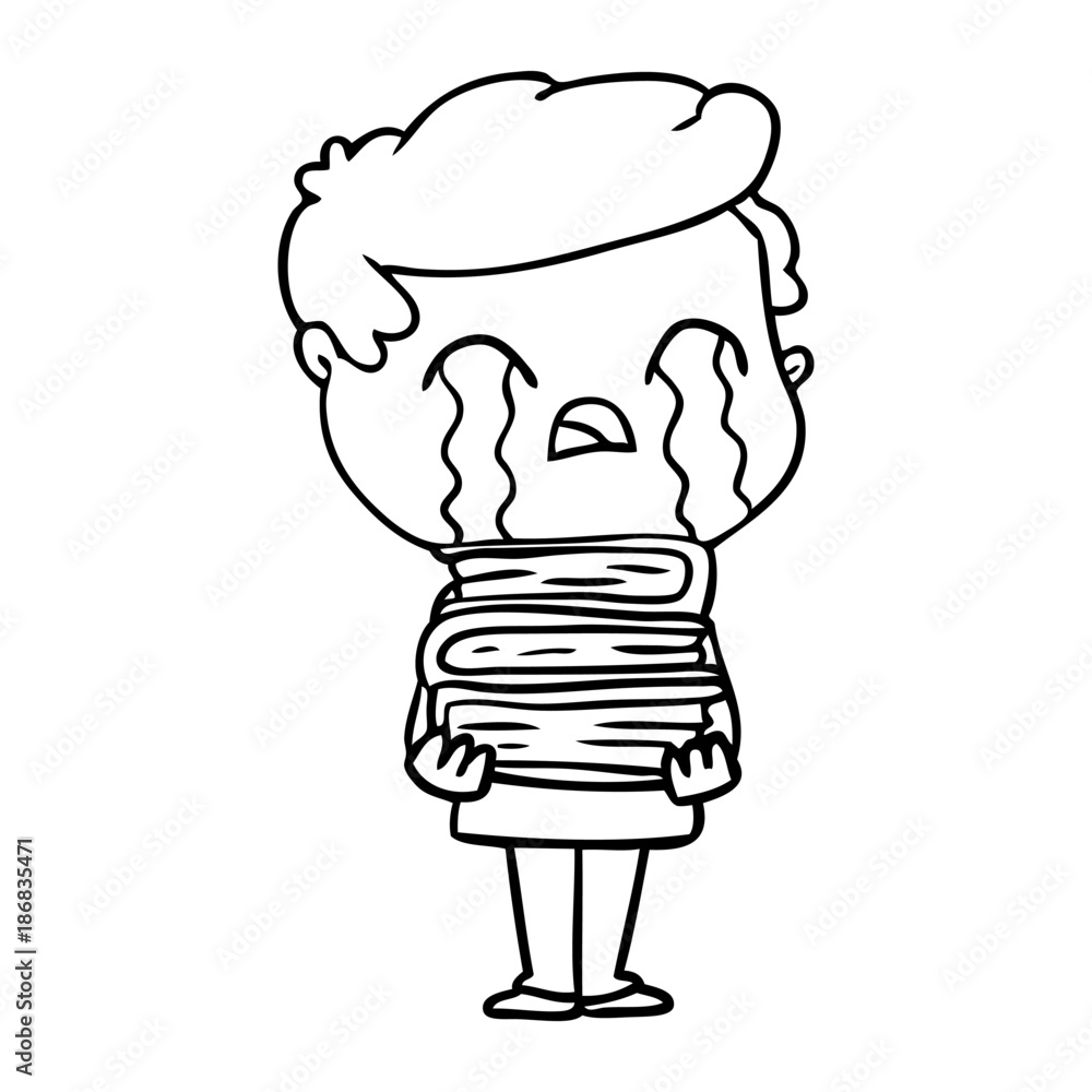 cartoon man crying over stack of books cartoon man crying over stack of books