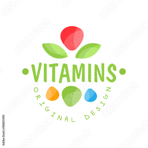 Vitamins logo template original design, herbal supplement, health care colorful vector Illustration
