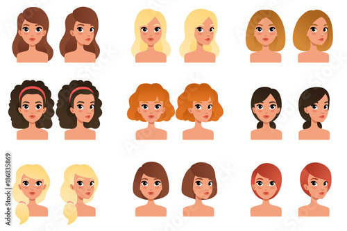 Collection of beautiful young girls with different hairstyles and colors shades long, short, medium, curly, blond, red, black, brunette. Flat vector avatars for mobile game