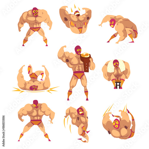 Set of professional muscular wrestler in different actions. Mixed martial artist. Combat sport. Strong man character in mask and sports shorts. Flat vector design