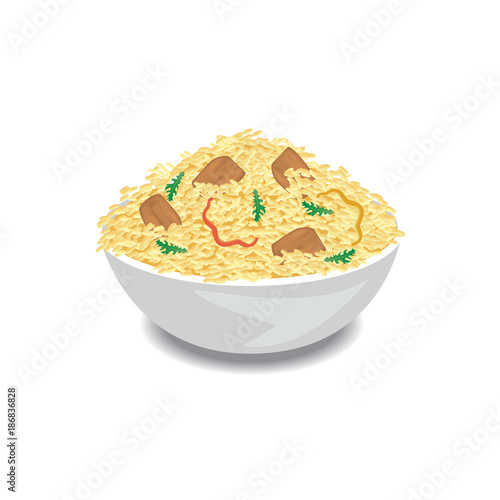 Illustration of hot pilaf with rice, meat and pepper in a bowl.