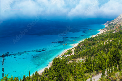 Aerial view of Lefkada coast beach, Greece