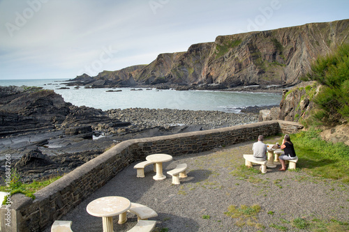 Tables of the pub in a picturesque location in Hartland Quay. Devon. England