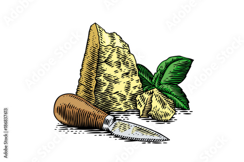 Piece and crumbles of hard cheese