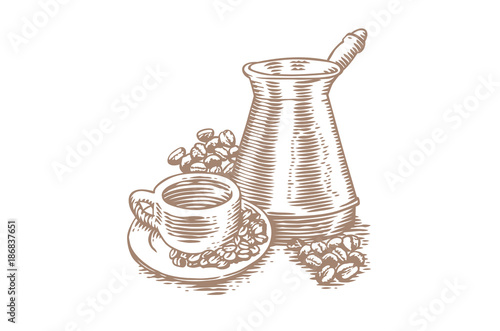 Cup of coffee with coffee beans and cezve