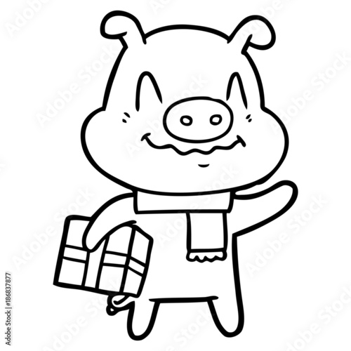 nervous cartoon pig with present © lineartestpilot