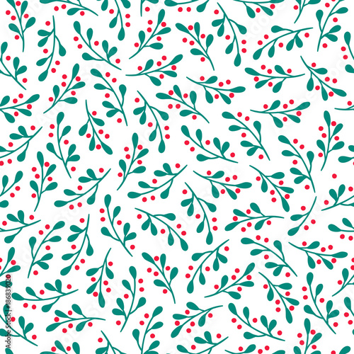 Christmas seamless pattern with mistletoe and berry