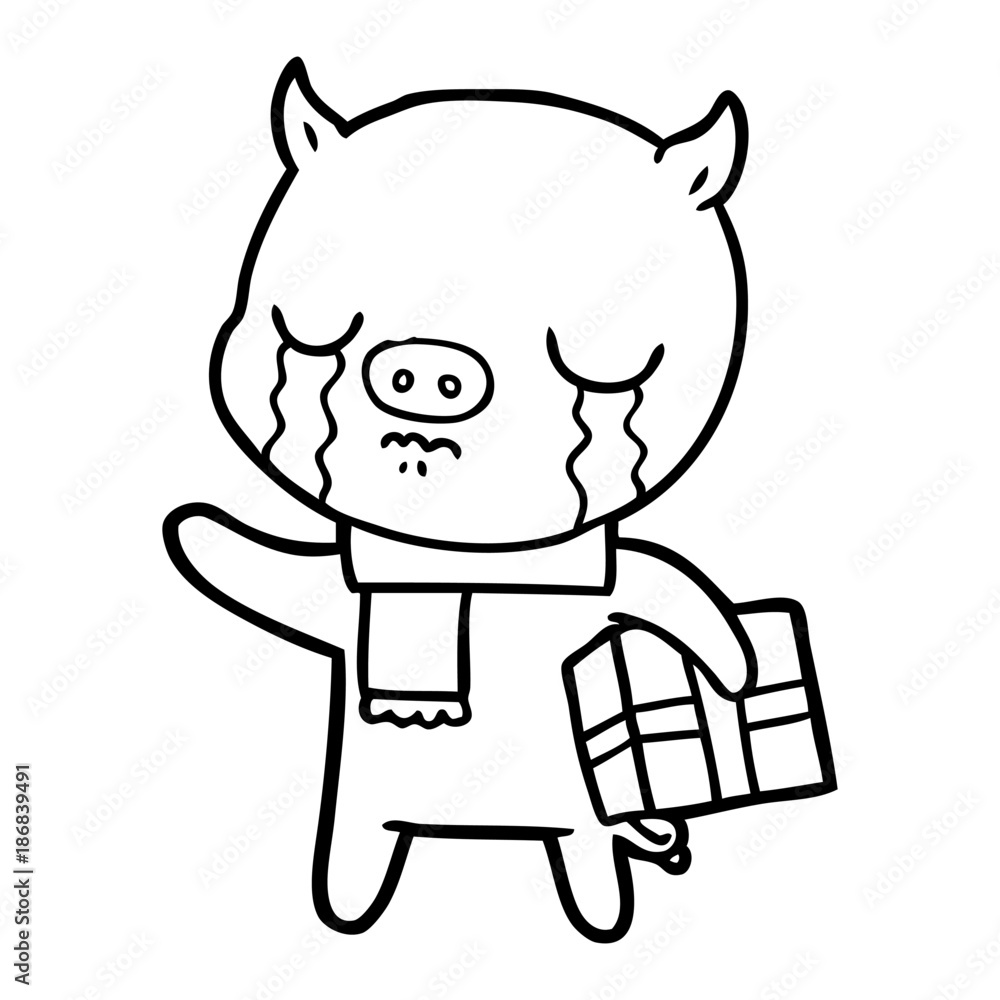 cartoon pig crying over christmas present cartoon pig crying over christmas present
