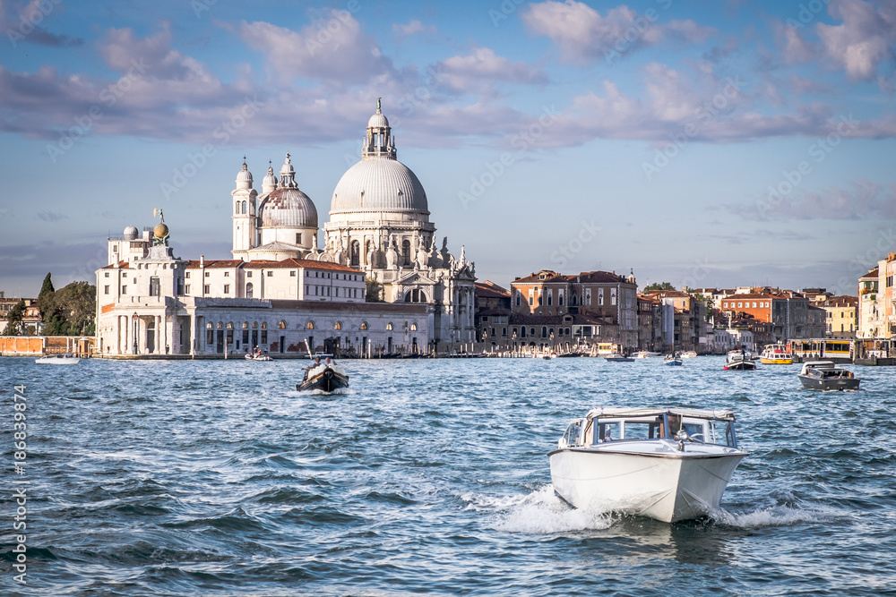 Basilica di Santa Maria della Salute, Background Venice in Italy with boats and church Salute, Venice in Italy, Symbol of Venice, Theme Venice, Punta della Dogana and Basilica