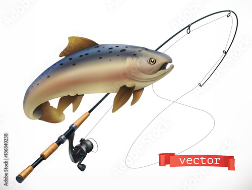 Fish and fishing rod. 3d vector icon