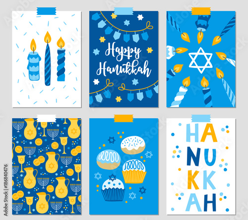 Set of six Hanukkah greeting cards with candles, dreidel, garland