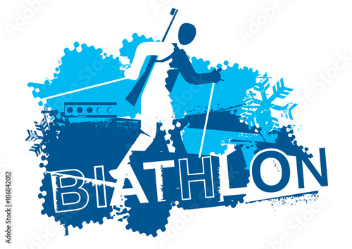 Biathlon racer. 
Grunge stylized Illustration  of The running biathlon athlete and inscription BIATHLON. Vector available. 
