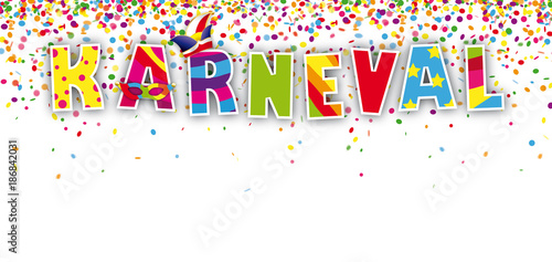Karneval Header mit Narrenkappe und Konfetti