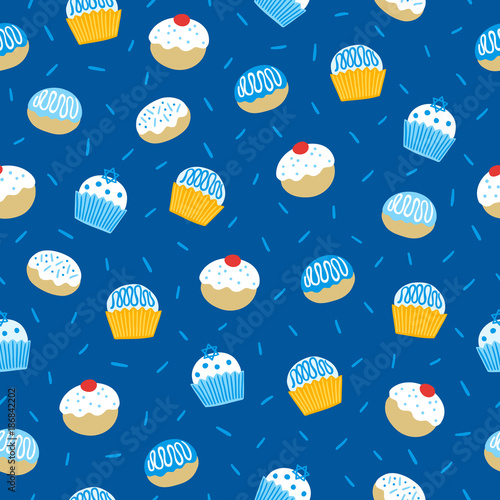 Hanukkah seamless pattern with cupcakes, donuts and Jewish star