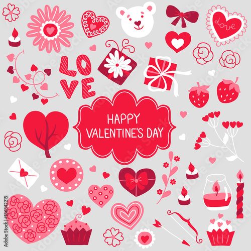 Collection of Valentine elements - flowers, candle, love, bow, arrow, letter