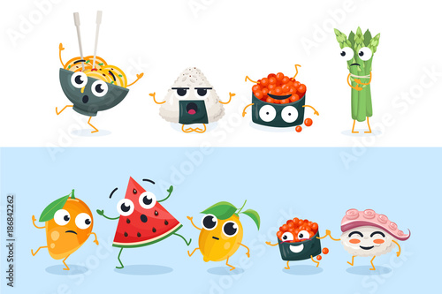 Funny sushi and fruit characters - set of vector isolated illustrations