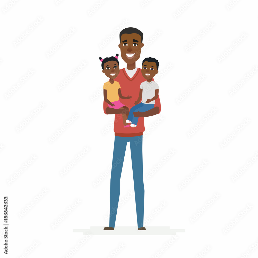 Young African father with babies - cartoon people characters isolated illustration