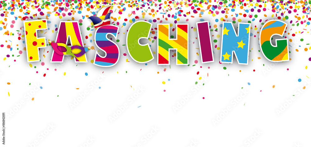 Fasching Header mit Narrenkappe und Konfetti Fasching Header mit Narrenkappe und Konfetti