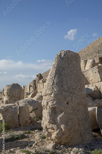 Toppled heads of the gods on East terrace at the top of Nemrut dagi in Turkey. The UNESCO World Heritage Site at Mount Nemrut where King Antiochus is reputedly entombed.
