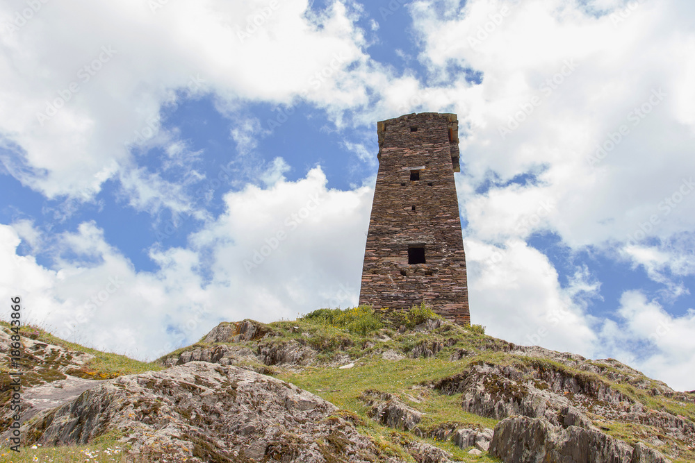 Tower in Ushguli village. Upper Svaneti - UNESCO World Heritage Site. Georgia, Europe.
