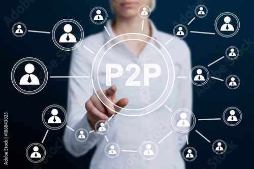 Photos Businessman press button peer-to-peer p2p icon.