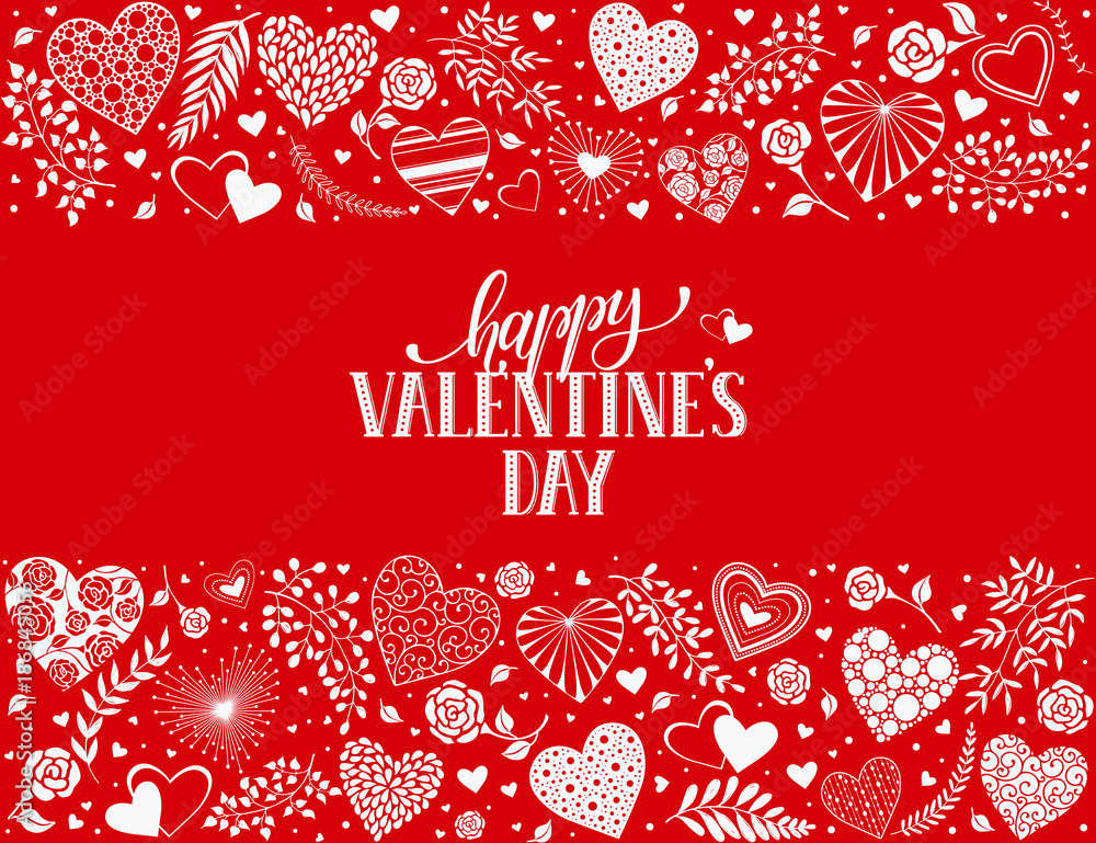 Fototapeta premium Happy Valentines Day greeting card with horisontal frame from hearts and floral elements. Romantic hearts in horisontal composition with calligraphic phrase on red background.