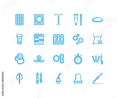 Contraceptive methods line icons. Birth control equipment, condoms, oral contraceptives, iud barrier contraception, vaginal ring, sterilization. Safe sex signs for medical clinic. Pixel perfect 64x64.