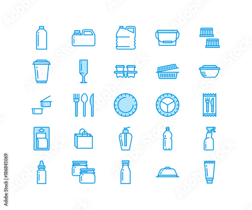 Plastic packaging, disposable tableware line icons. Product packs, container, bottle, canister, plates cutlery. Container thin signs for shop, synthetic material goods production. Pixel perfect 64x64.
