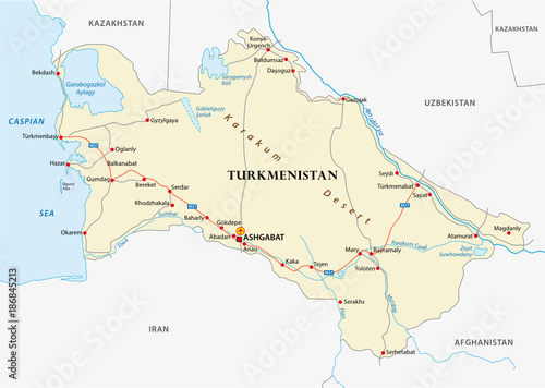 turkmenistan road vector map with important cities