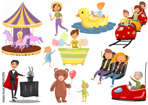 Happy people having fun in amusement park set, carousel, ferris wheel, roller coaster, car, magician cartoon vector Illustrations © Happypictures