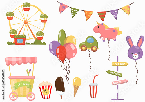 Amusement park set, festival elements cartoon vector Illustrations