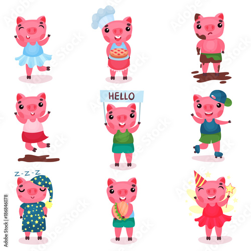 Cute funny pig characters set, piggy boys and girls in different poses and situations cartoon vector Illustrations