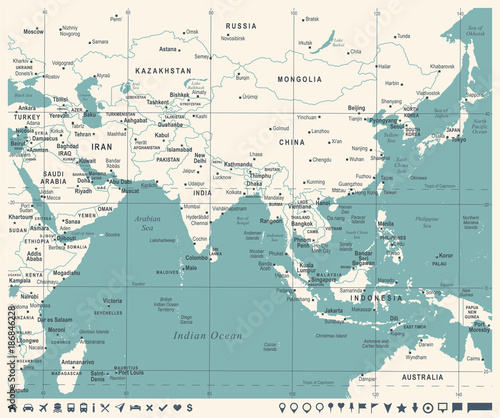 Southern Asia Map - Vintage Vector Illustration