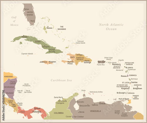 Canvas Print The Caribbean Map - Vintage Vector Illustration