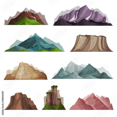 Nature mountain silhouettes set, variety of mountain massif vector Illustrations