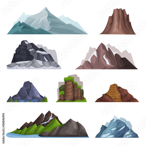 Nature mountains set, variety of mountain massif vector Illustrations