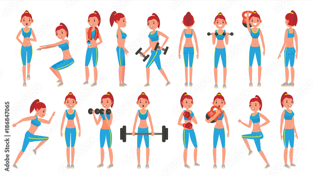 Fitness Girl Vector. Different Poses. Exercises For Fat People. Healthy Lifestyle Concept. Woman Fitness. Isolated On White Cartoon Character Illustration