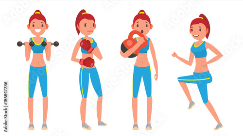 Fototapeta Naklejka Na Ścianę i Meble -  Fitness Girl Vector. Set. Modern Workout With Stretching, Weights. Healthy Lifestyle. Cartoon Character Illustration