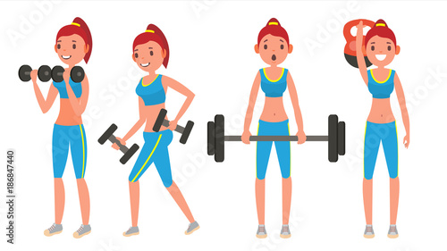 Fitness Girl Vector. Different Poses. Doing Fitness Exercises. Lunges, Squats, Plank. Woman Fitness. Flat Cartoon Illustration