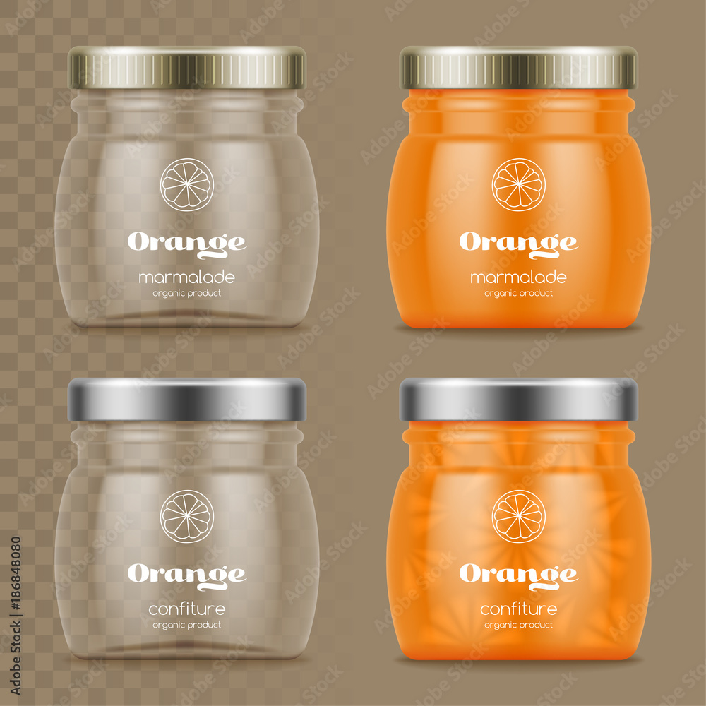 Glass jars with marmalade and confiture. Empty glass jars on