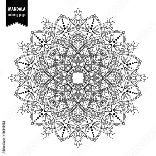 Monochrome ethnic mandala design. Anti-stress coloring page for adults. Hand drawn vector illustration